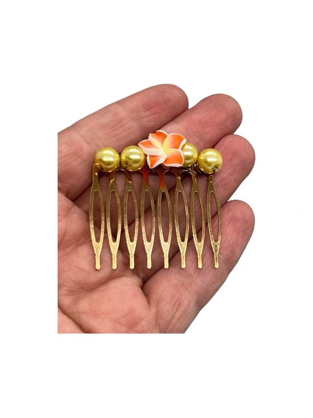 Gold Hair Comb with Orange Floral Accent and Pearls FINAL PRICE DROP